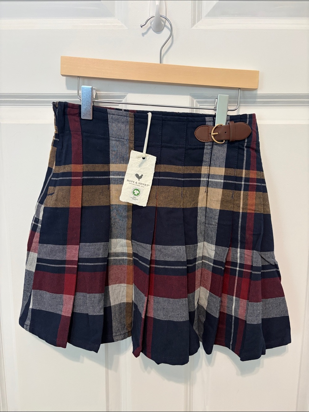 Plaid Pleated Mini Skirt with Buckle - Navy Multi by Hope & Henry